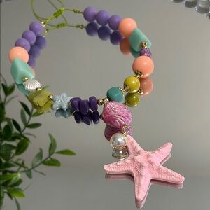Pastel Pink Starfish Charm Necklace - Beachy Multi-Color Beaded Pendant